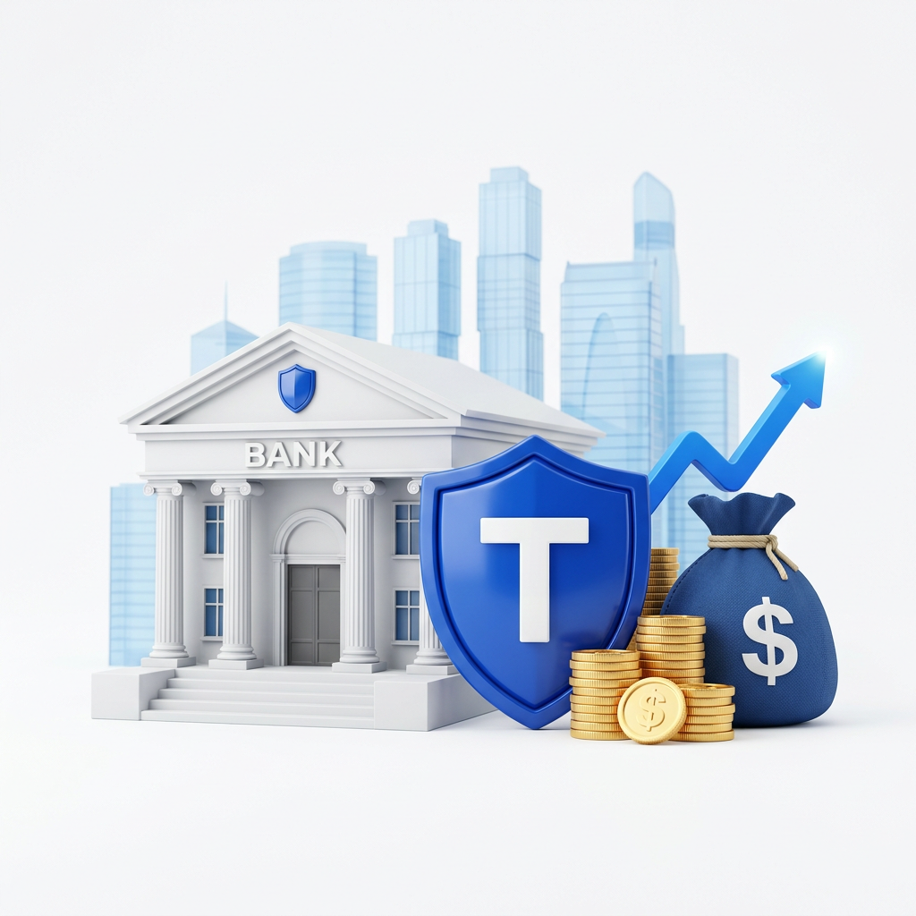 Bank building protected by a TrustLend shield with gold coins and a money bag